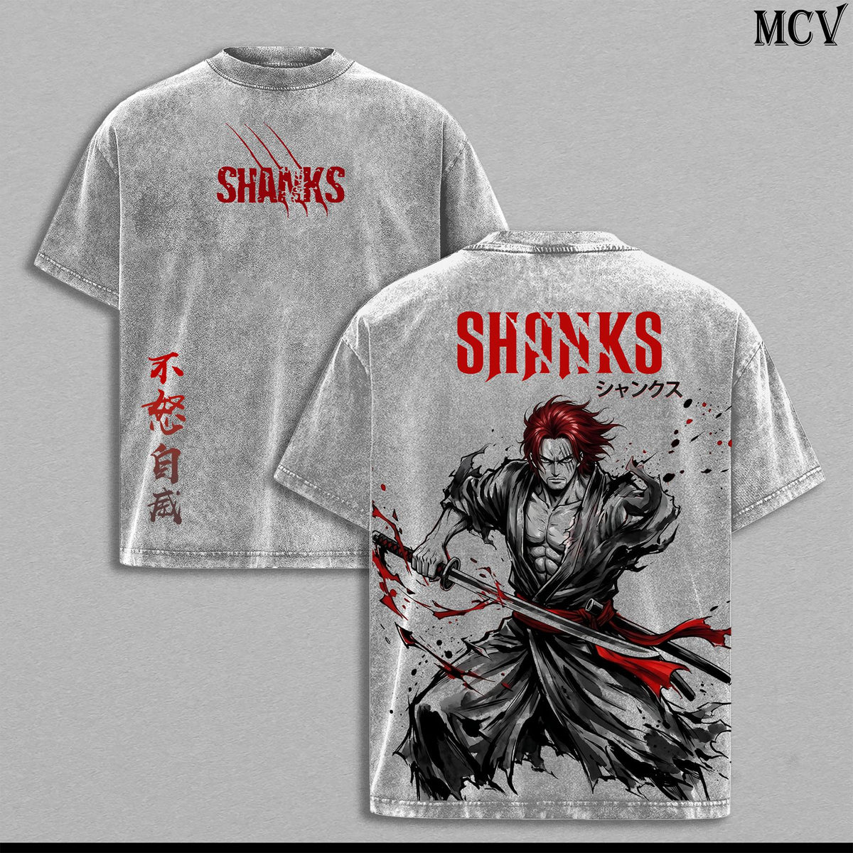 Shankss Washed Tee – Op Anime Graphic Double Printed T-Shirt, Menswear Heavy Cotton Unisex Oversize Vintage Streetwear