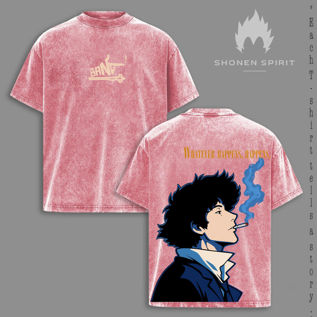Cowboy Bebop – Washed T-Shirt, Space Cowboy Anime Graphic Tee, Spike Spiegel Retro Style Oversized Heavyweight Cotton