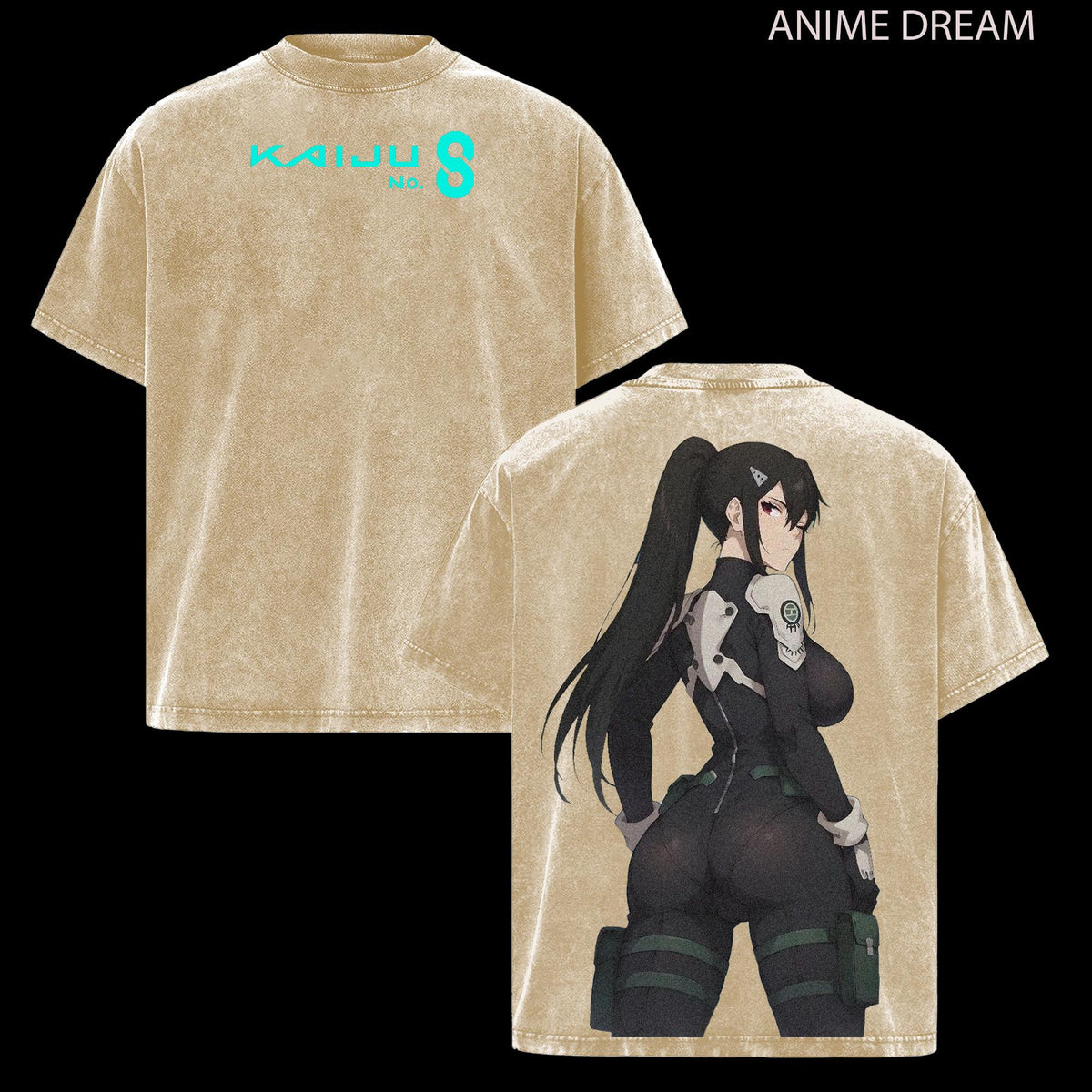 Mina Ashiro Kaiju No 8 Anime Double Printed Vintage Washed Tee Unisex Oversize Anime Manga Washed Heavyweight Cotton T-shirt