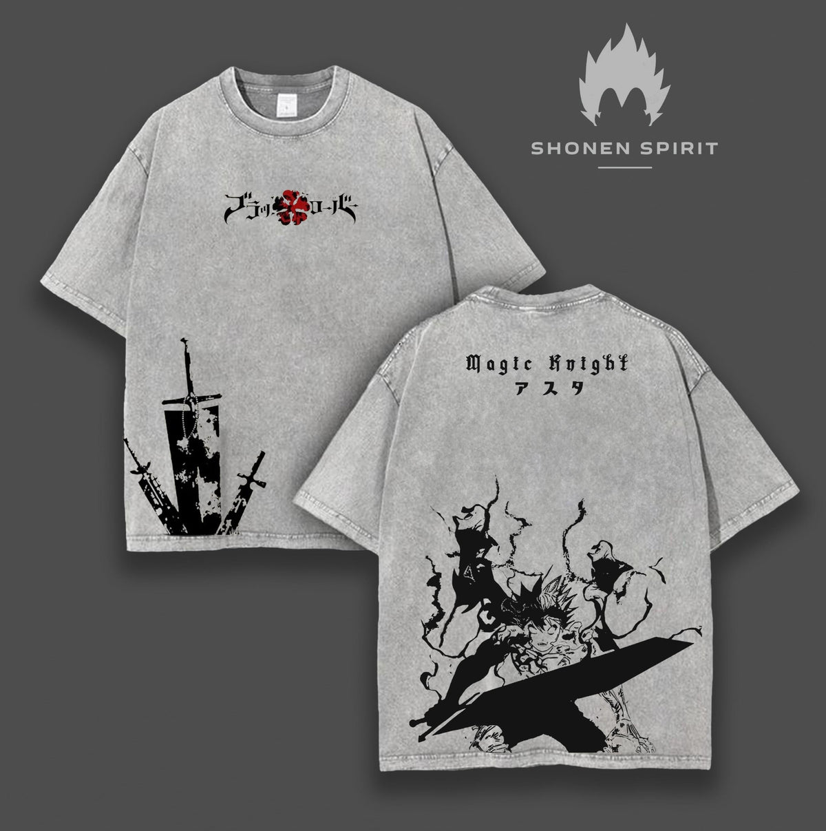 Magic Knight Asta - Black Clover Anime Double Printed Vintage Washed Tee Unisex Oversize Heavyweight Cotton T-shirt for Anime Fans