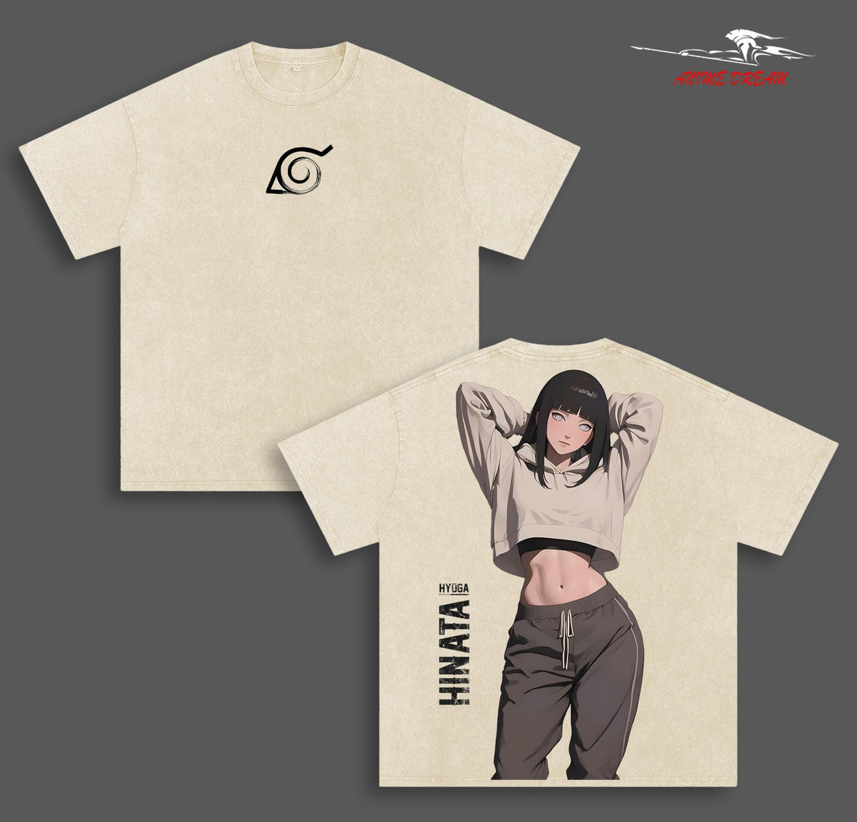Hinata Hyuga Naruto Anime Double Printed Vintage Washed Tee Unisex Oversize Anime Manga Washed Heavyweight Cotton T-shirt