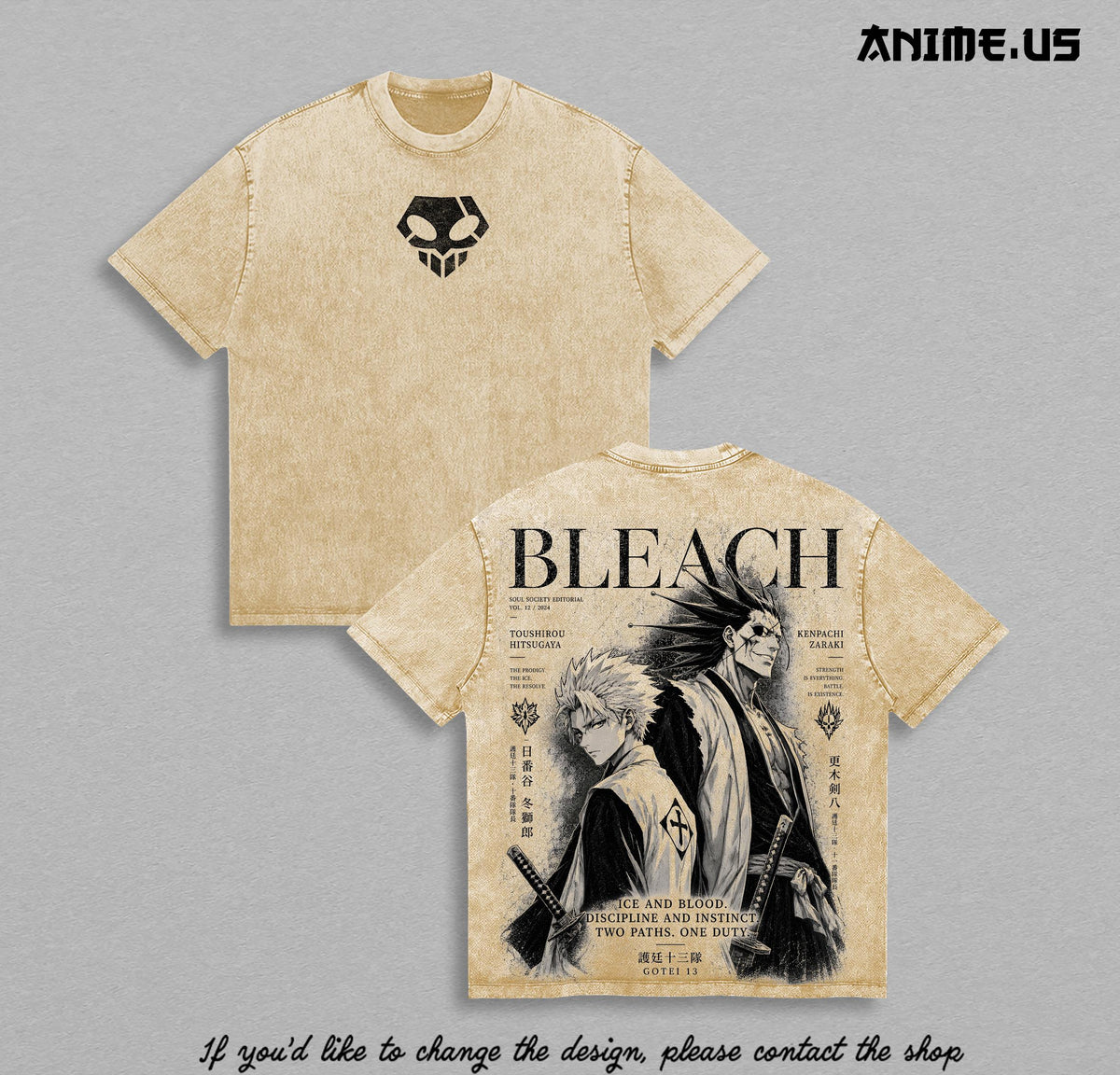 Kenpachi Zaraki x Toshiro Hitsugaya Bleach Anime Vintage Washed Oversized Graphic Tee Gotei 13 Soul Society Manga Streetwear Shirt
