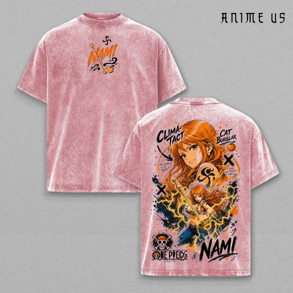 Nami Vintage Washed T-Shirt OP Anime Graphic Tee Oversized Streetwear Shirt Cat Burglar Manga Fan Gift Unisex Clothing