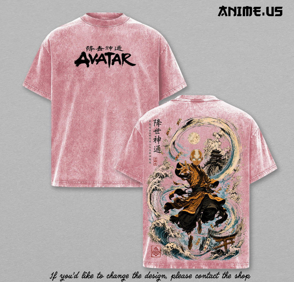 Avatar The Last Airbender Aang Waterbending Moon Spirit Vintage Washed T-Shirt Heavyweight Cotton Oversized Anime Streetwear Graphic Tee