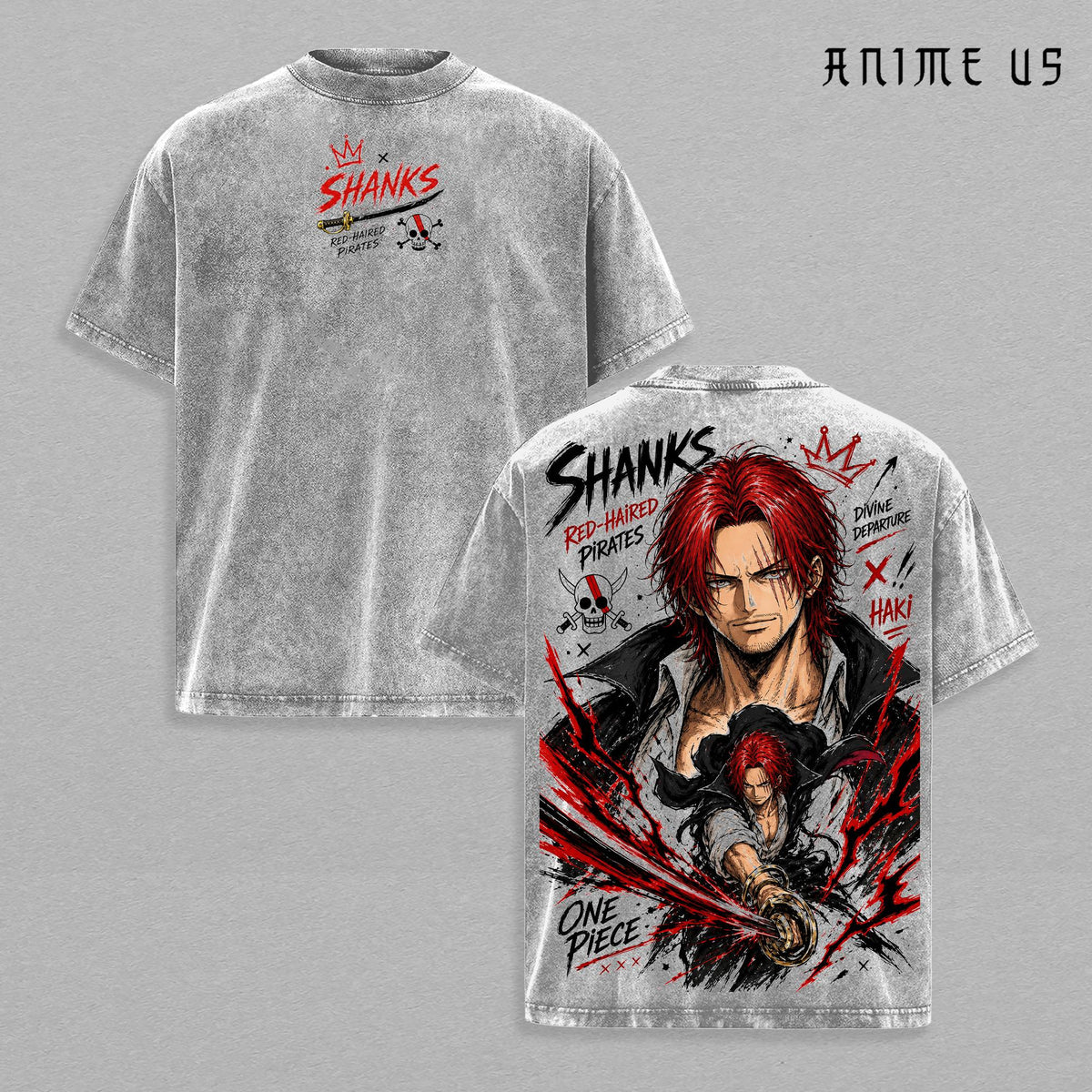 Shanks One Piece Vintage Washed Shirt Red Hair Pirates Haki Graphic Tee Oversized Anime Streetwear Unisex