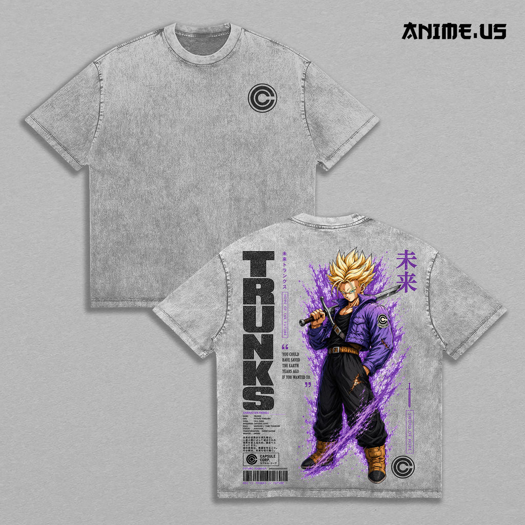 Future Trunks DBZ Vintage Washed Oversized Graphic Tee, Super Saiyan Capsule Corp Anime Heavyweight Cotton Streetwear T-Shirt