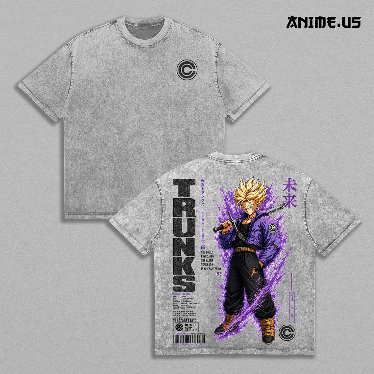 Future Trunks DBZ Vintage Washed Oversized Graphic Tee, Super Saiyan Capsule Corp Anime Heavyweight Cotton Streetwear T-Shirt