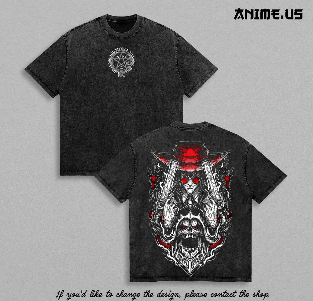 Alucard Hellsing Ultimate Vintage Washed Anime Tee Oversized Heavyweight Cotton Gothic Vampire Graphic T-Shirt Double Sided Streetwear Unisex