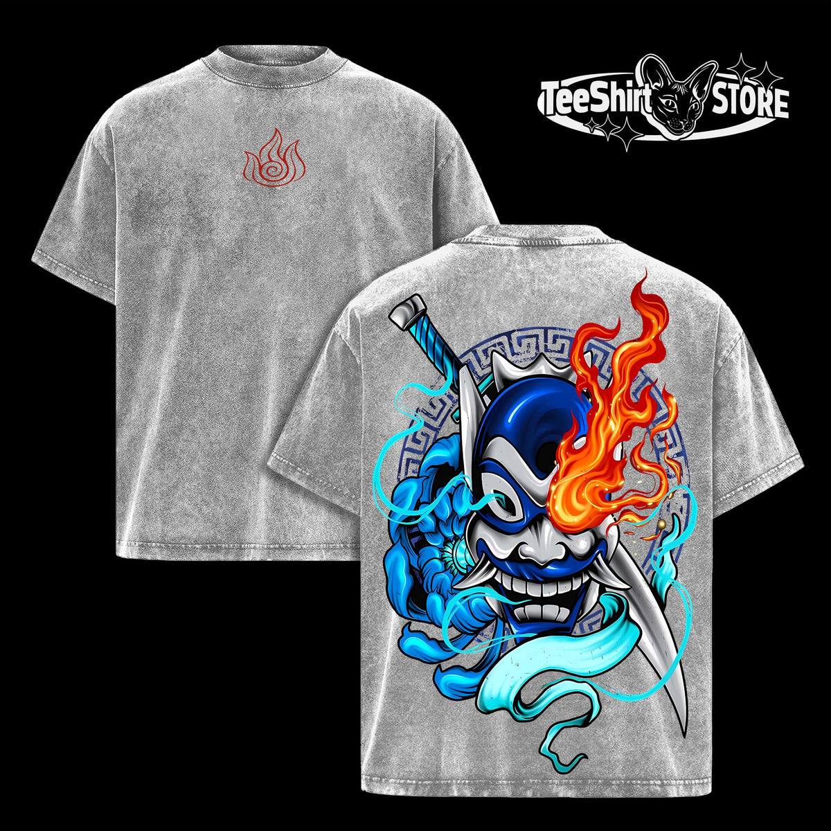 Zuko Blue Spirit Mask Tee – Avatar The Last Airbender Vintage Washed Oversized Anime T-Shirt, Heavyweight Cotton Unisex Graphic Streetwear Top