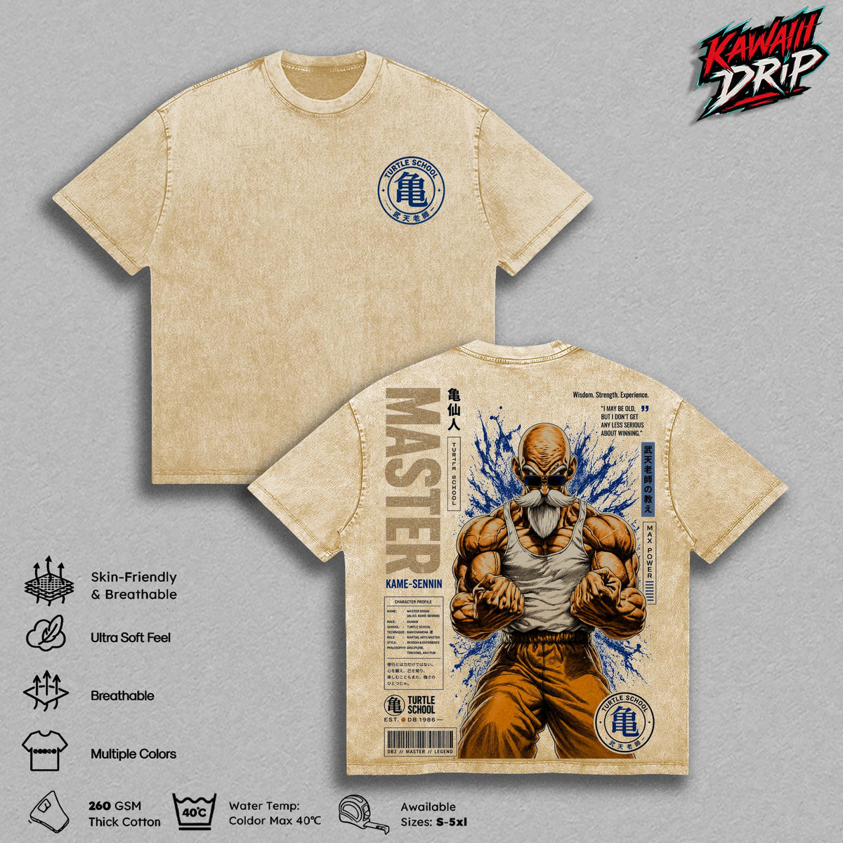 Master Roshiii Gym Kame Sennin DBZ Anime Vintage Washed Tee