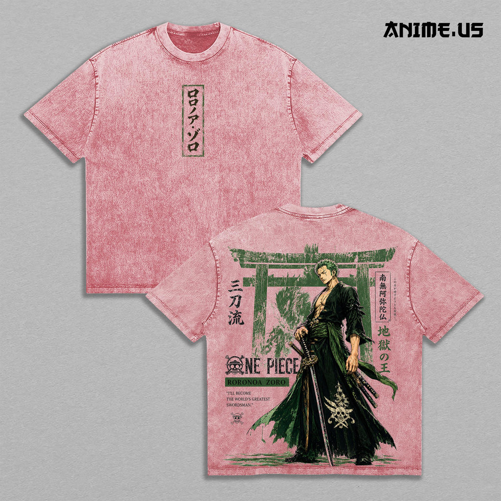 Roronoa Zoro Three-Sword Style OnePiece Anime Vintage Washed Tee