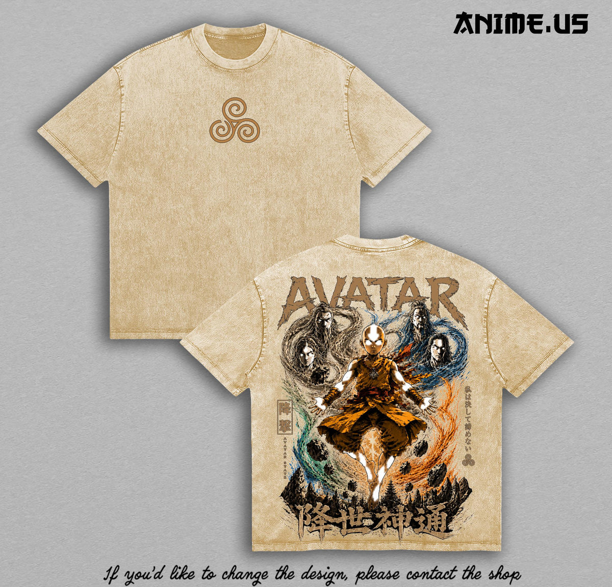 Aang Avatar Four Elements Avatar The Last Airbender State Vintage Washed Oversized T-Shirt Heavyweight Cotton Anime Graphic Tee