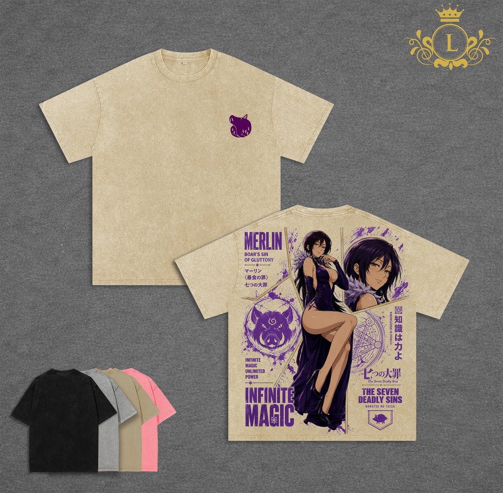 Retro Vintage Merlin - Seven Deadly Sins Anime Double Printed Vintage Washed Tee Unisex Oversize Anime Manga Washed Heavyweight Cotton T-shirt
