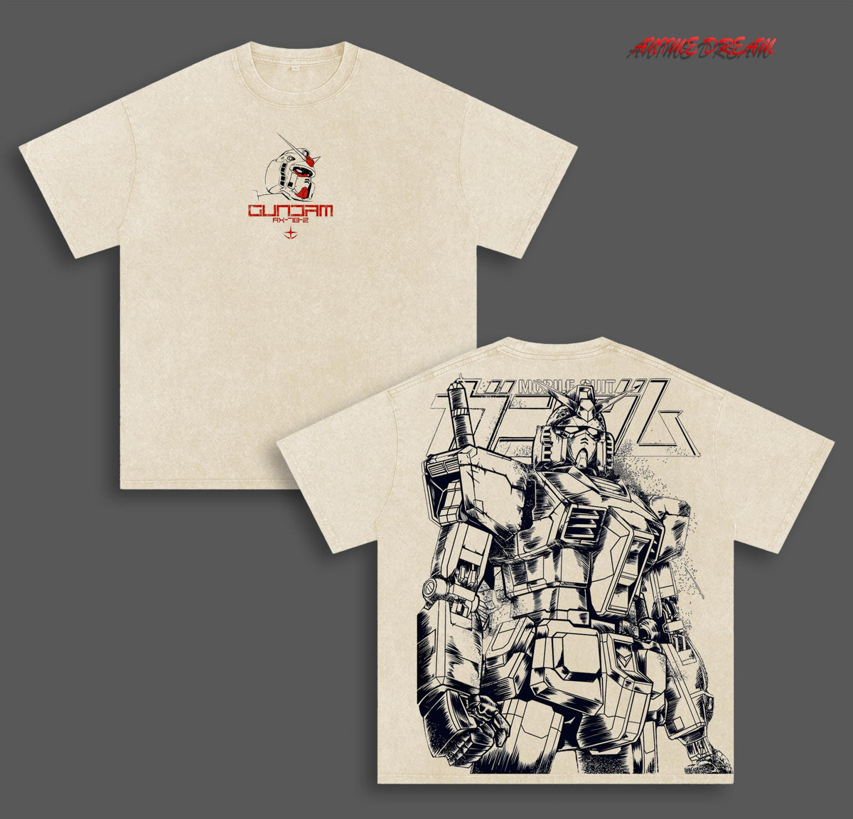 RX-78-2 Gundam Mobile Suit Anime Double Printed Vintage Washed Tee Unisex Oversize Heavyweight Cotton T-shirt for Anime Fans and Lovers
