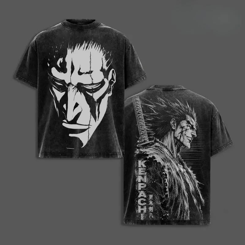 Anime BLEACH Zaraki Kenpachi Printed Tee Men Women Vintage Washed T-shirts