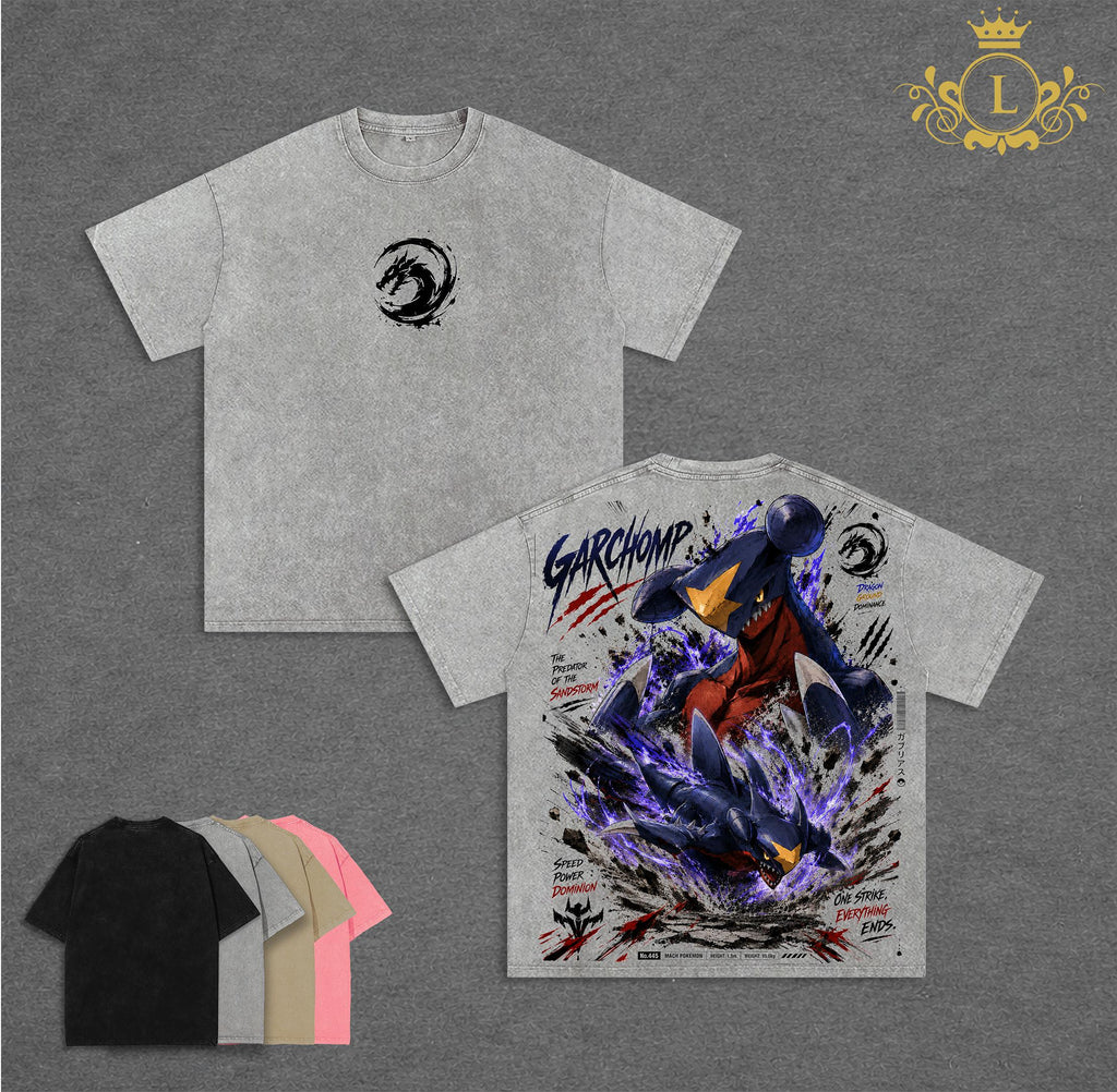 Pocket Monsters - Garchomp Wash TShirt Vintage Unisex Oversize Anime Manga Acid Washed Heavyweight Cotton T-shirt for Fans