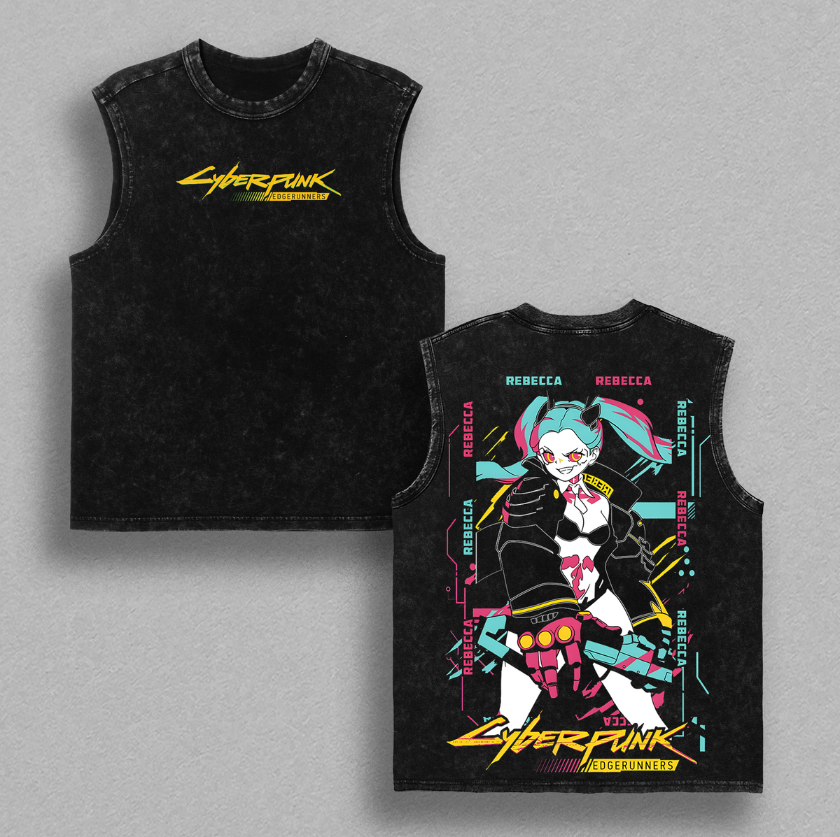 Cyberpunk Edgerunners Rebecca Washed T-Shirt | Vintage Oversized Heavy Cotton Double-Sided Anime Graphic Tee