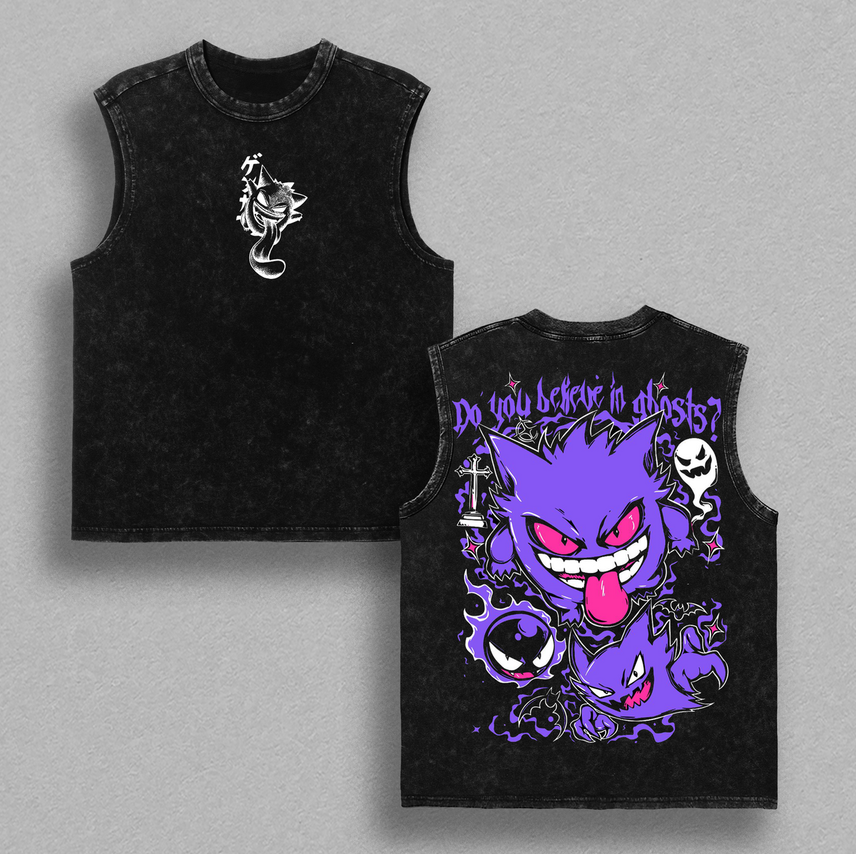 Gengar - Pokemon Anime Double Printed Vintage Washed Tee Unisex Oversize Heavyweight Cotton T-shirt for Anime Fans and Lovers