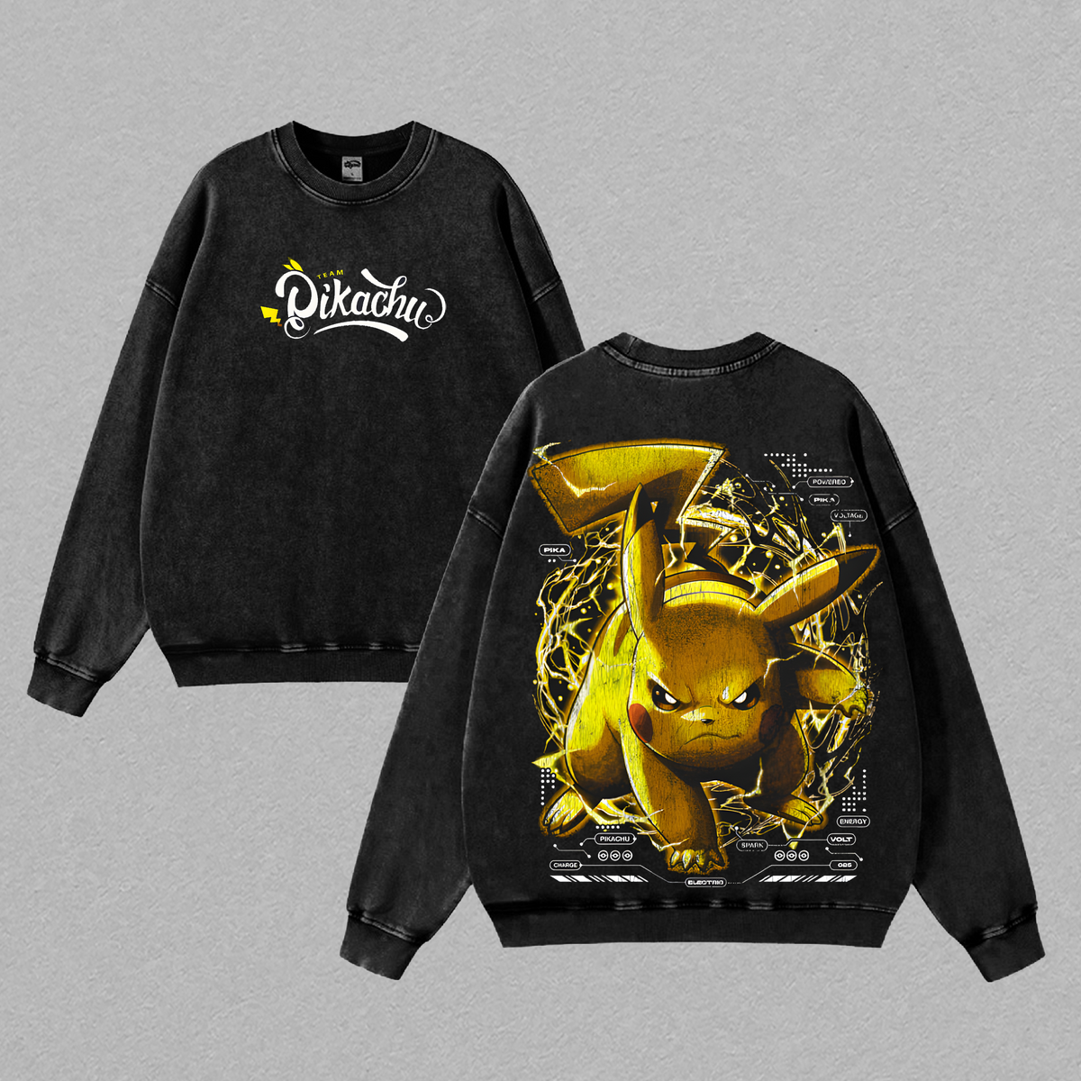 Pikachu - Pokemon Anime Double Printed Vintage Washed Tee Unisex Oversize Heavyweight Cotton T-shirt for Pokemon Fans