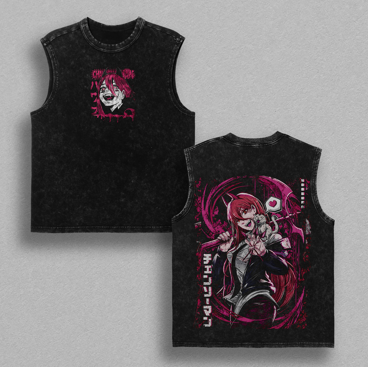 Power Chainsaw Man Anime T-Shirt Vintage Acid Wash Oversized Graphic Tee Streetwear Devil Hunter Gift