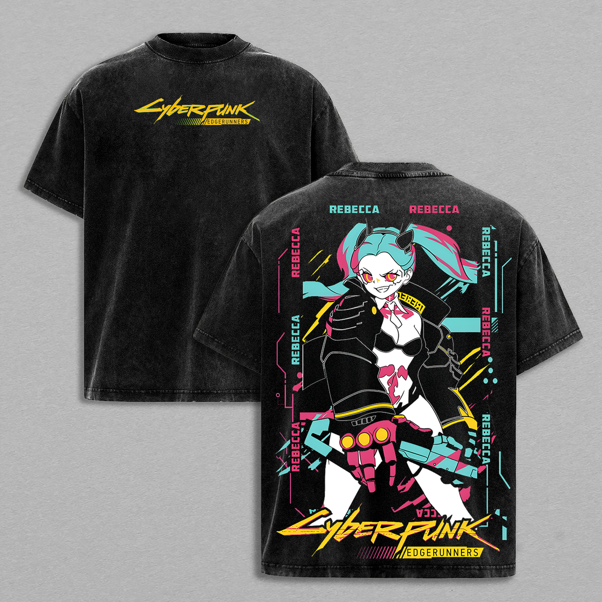 Cyberpunk Edgerunners Rebecca Washed T-Shirt | Vintage Oversized Heavy Cotton Double-Sided Anime Graphic Tee