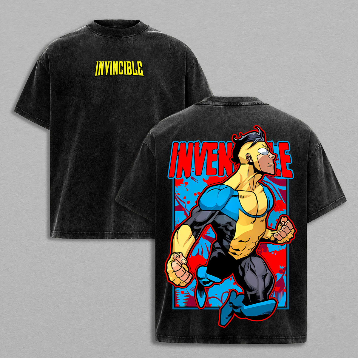 Invincible Hero Punch Tee - Oversized T-Shirt Washed, Lightweight Acid Wash Look, TV Series Graphic, Streetwear for Comic Fans