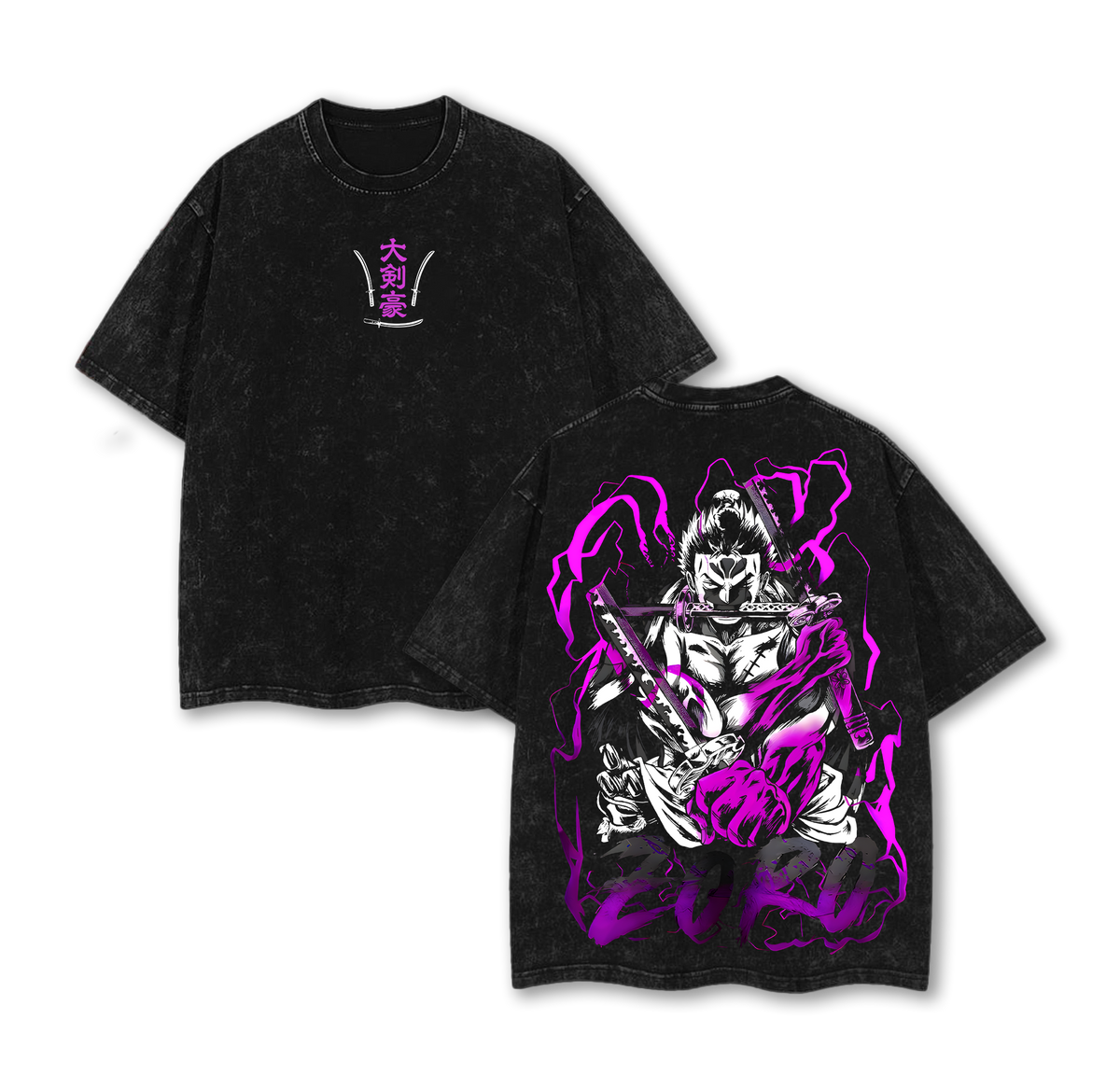 Zoro Asura x One Piece Anime Clothing Double Printed Vintage Oversized Washed Tee