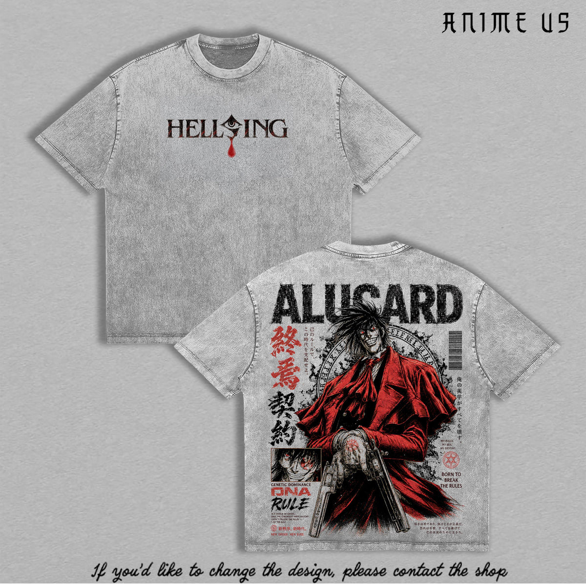 Alucard Hellsing Crimson Vampire Vintage Washed Anime Shirt, Gothic Predator Immortal Power Aura Graphic Tees Men Large Back Print Streetwear