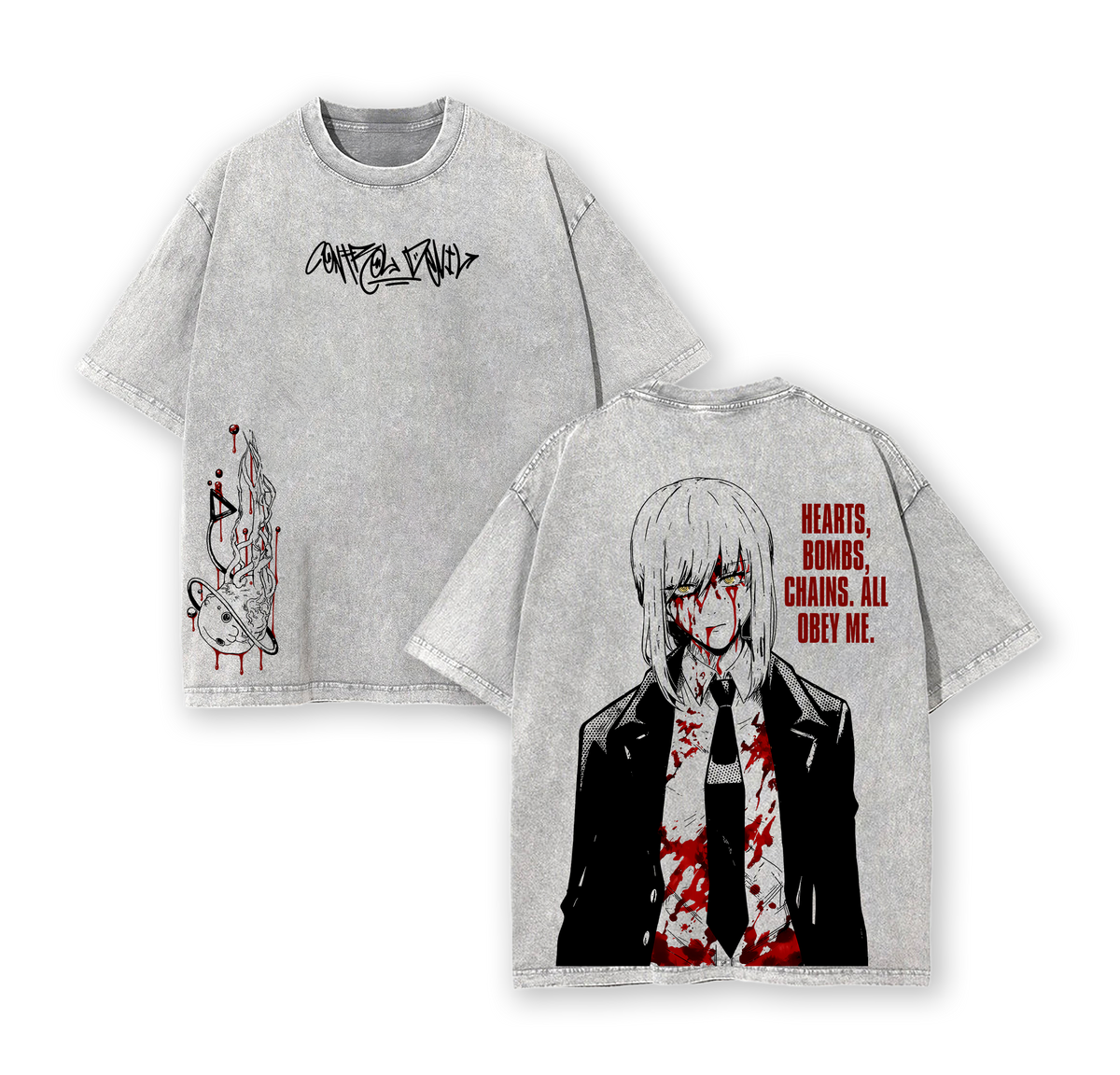 Makima Chainsaw Man Tee Washed – Pochita’s Heart & Denji’s Heart