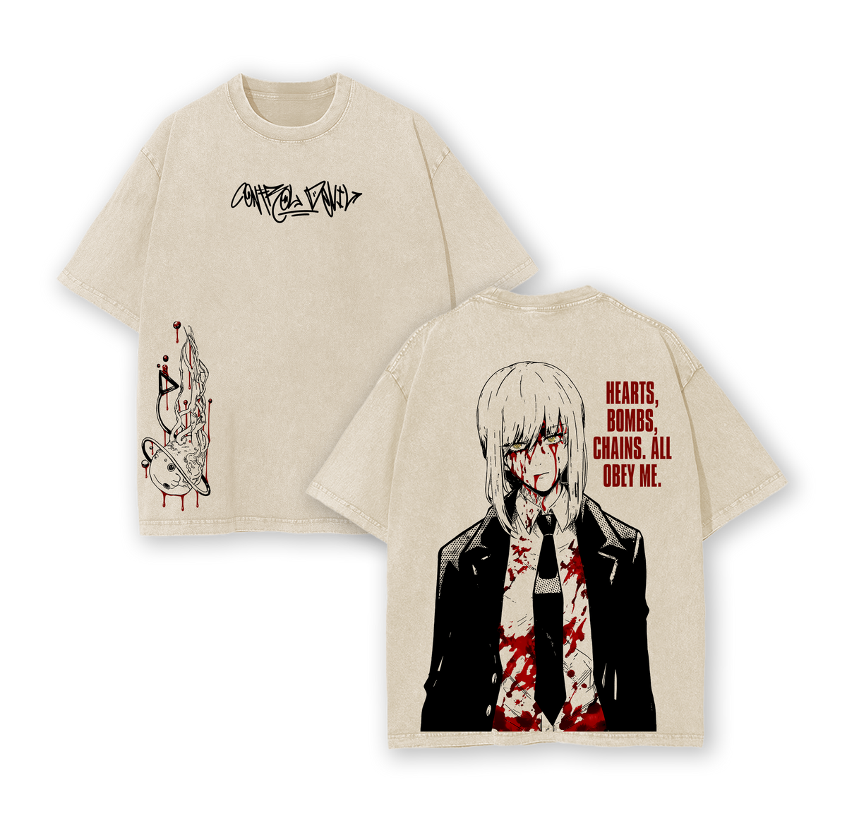 Makima Chainsaw Man Tee Washed – Pochita’s Heart & Denji’s Heart