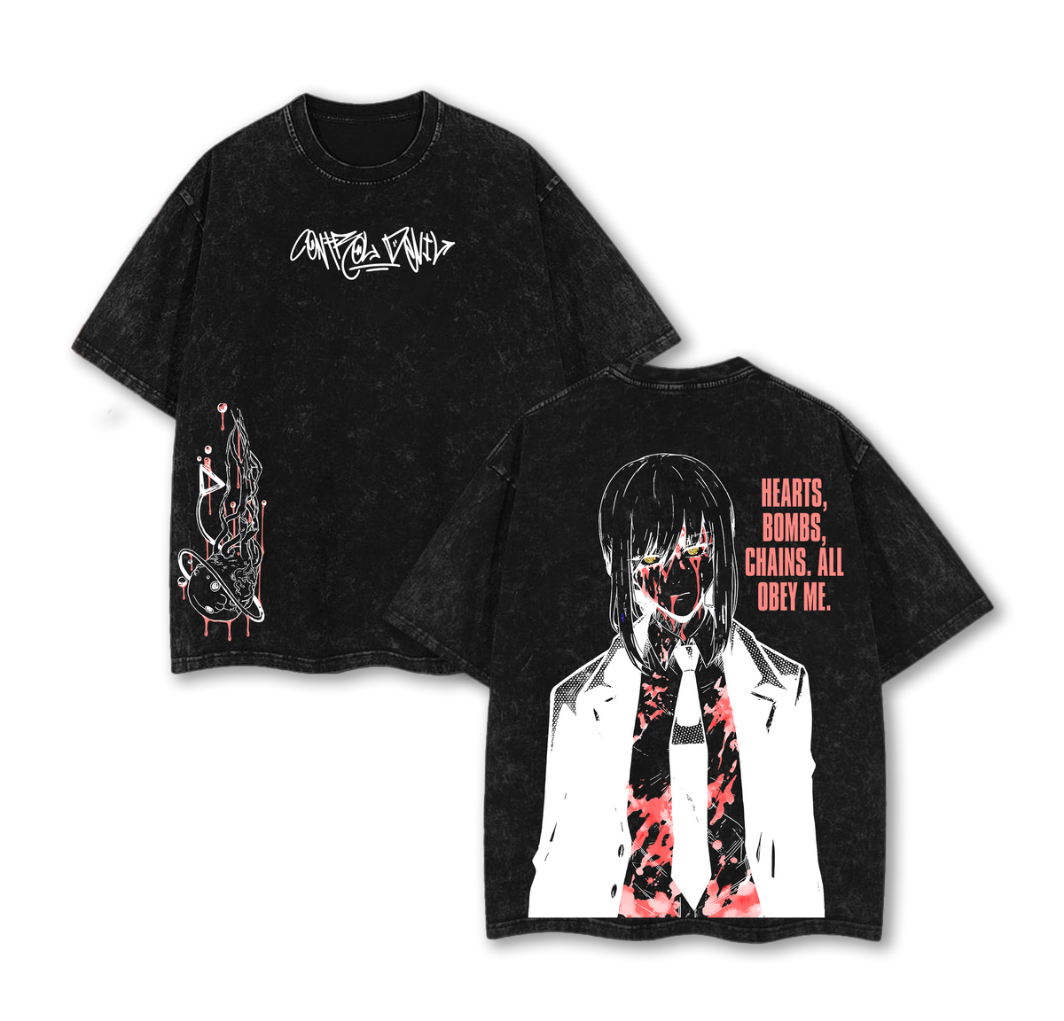 Makima Chainsaw Man Tee Washed – Pochita’s Heart & Denji’s Heart