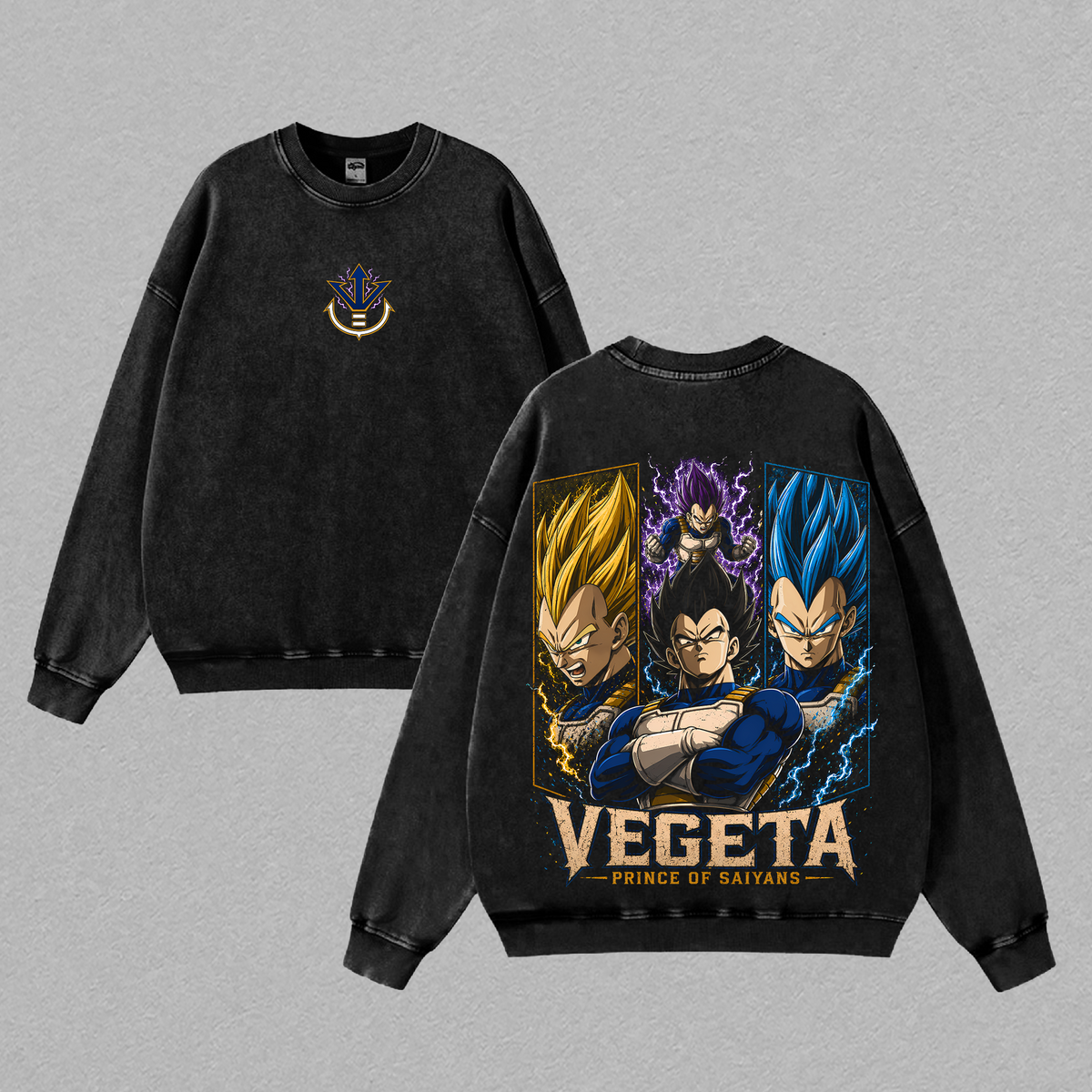 Prince Saiyan Legendary Evolution Golden Warrior Blue Power Purple Awakening Vintage Washed Heavyweight Cotton Graphic Shirt