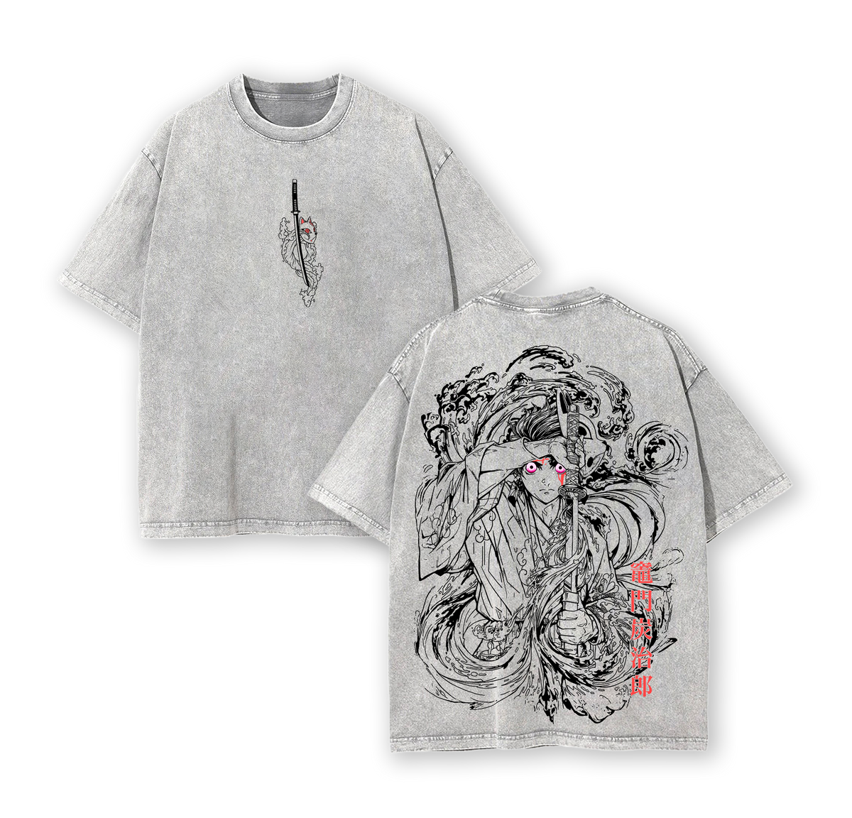 Vintage Tanjiro Kamado Washed T-Shirt, Double Sided Oversized Graphic Tee, Anime Streetwear Inspired By Demon Slayer Hero