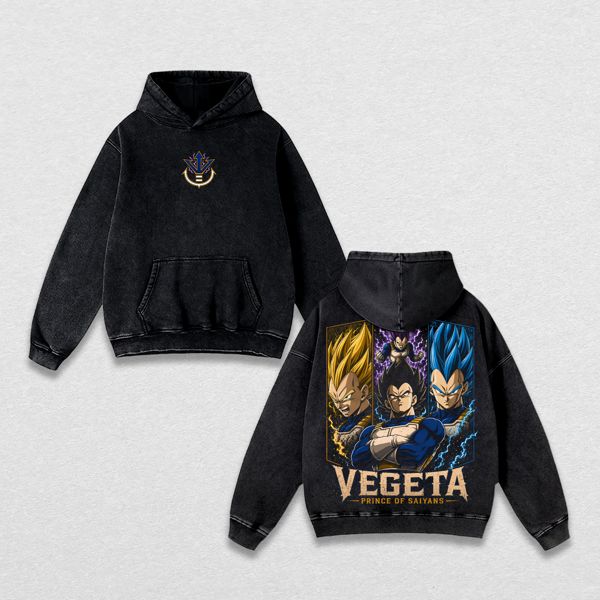 Prince Saiyan Legendary Evolution Golden Warrior Blue Power Purple Awakening Vintage Washed Heavyweight Cotton Graphic Shirt