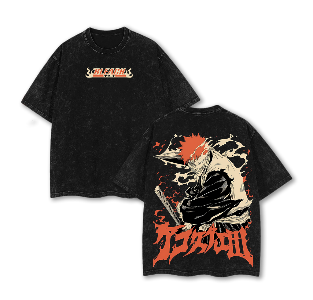 Ichigo Kurosaki Rage Bankai Bleach Retro Vintage Unisex Oversize Anime Manga Washed Heavyweight Cotton T-shirt