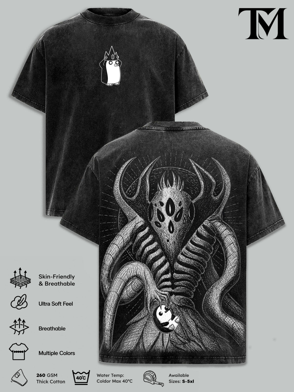 Adventure Time Gunter Orgalorg Vintage Washed Oversized T-Shirt, Cosmic Penguin Horror Graphic Tee, Heavyweight Cotton Cartoon Fantasy Streetwear