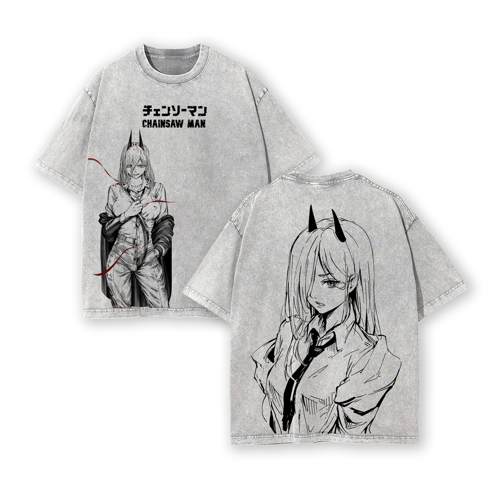 Power - Chainsaw Man Anime Double Printed Vintage Washed Tee