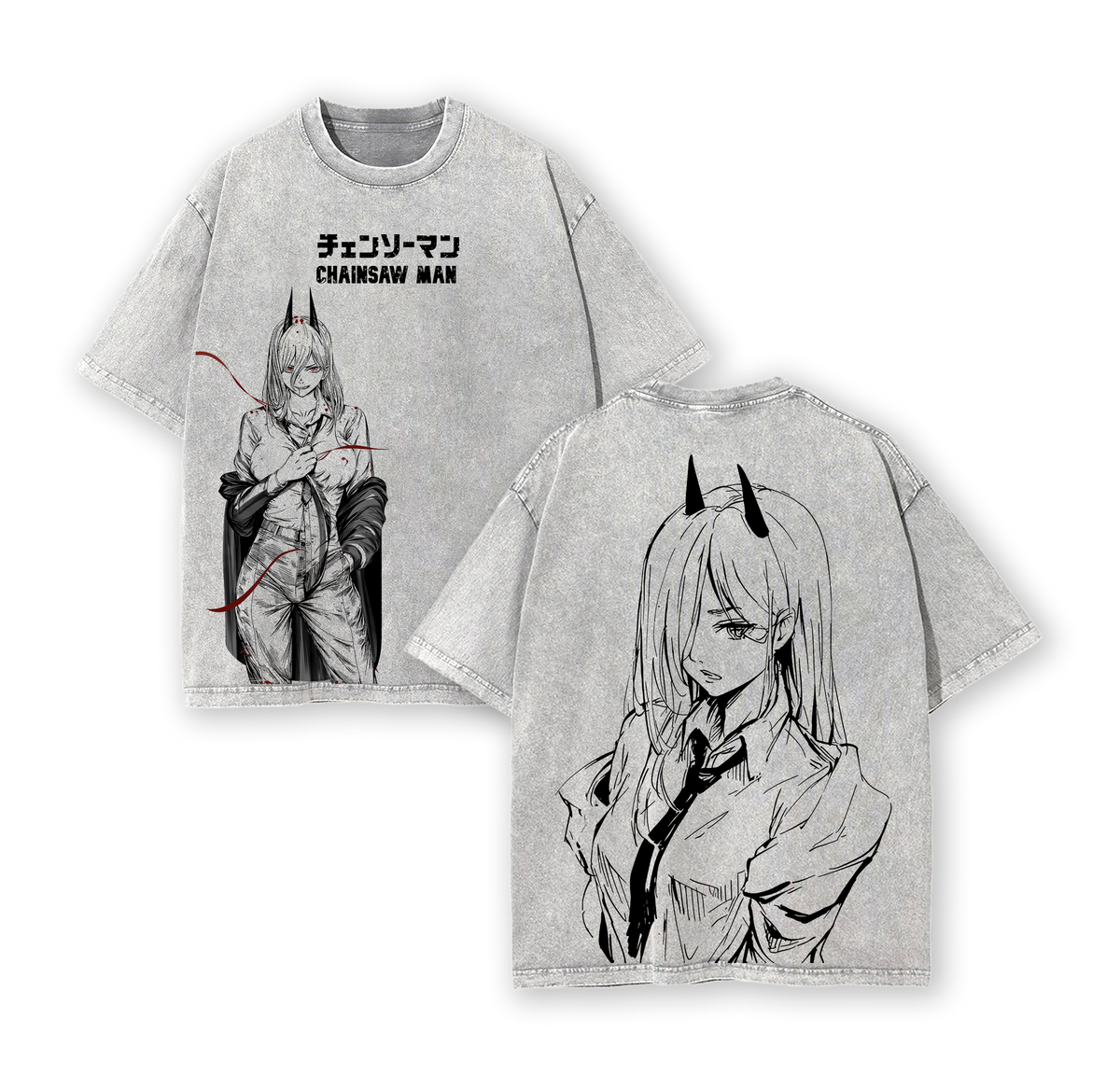 Power - Chainsaw Man Anime Double Printed Vintage Washed Tee