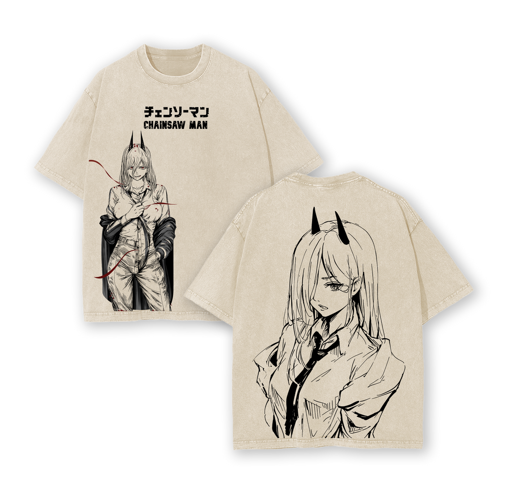 Power - Chainsaw Man Anime Double Printed Vintage Washed Tee