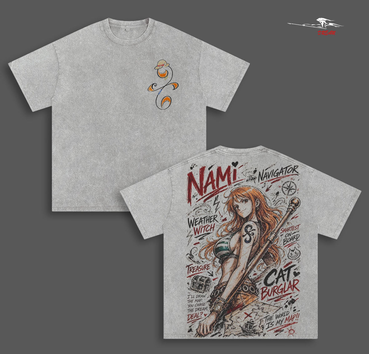 Nami Anime Double Printed Vintage Washed Tee Unisex Oversize Anime Manga Washed Heavyweight Cotton T-shirt