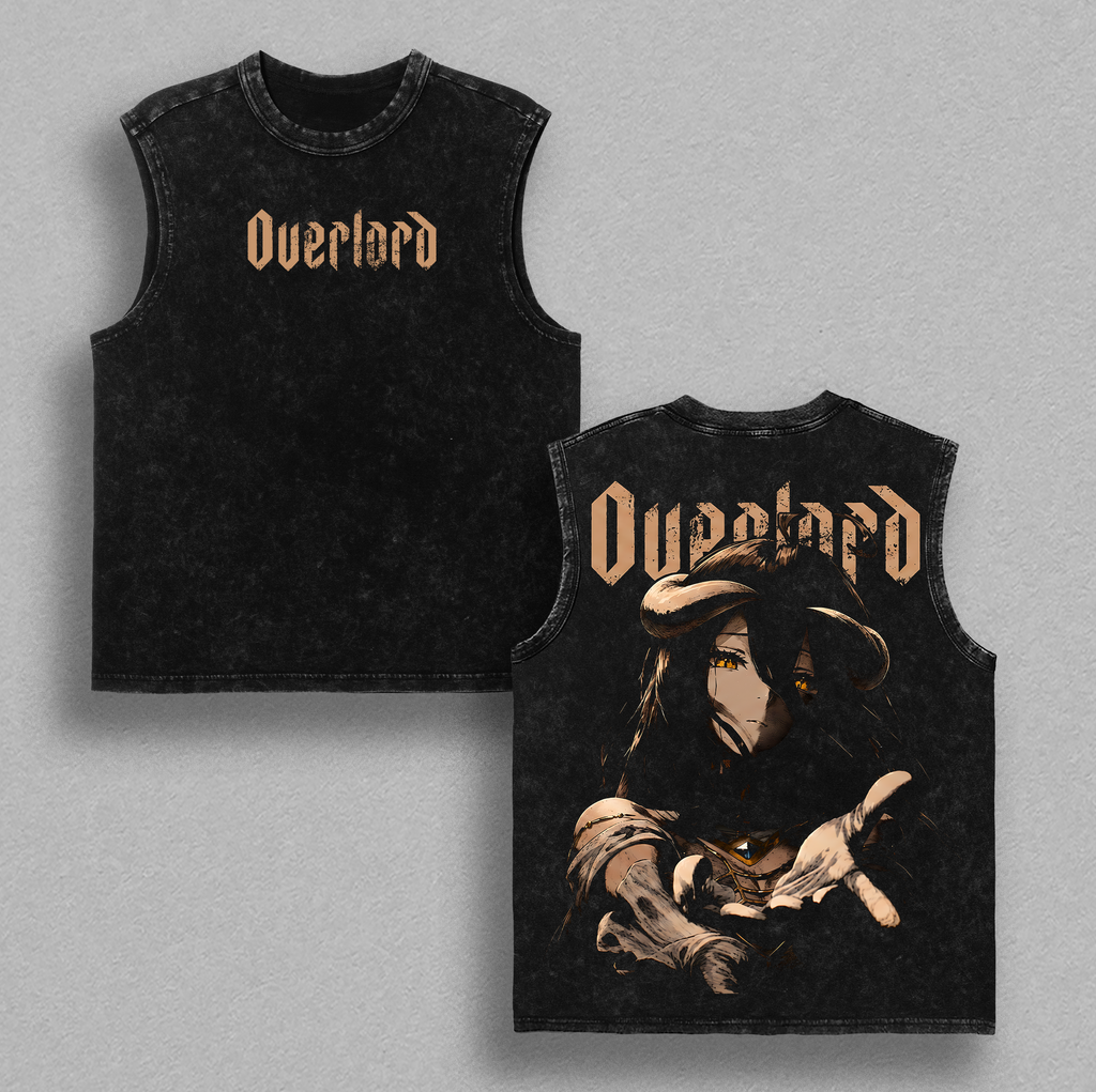 Albedo Overlord Anime Double Printed Vintage Washed Tee Unisex Oversize Anime Manga Washed Heavyweight Cotton T-shirt