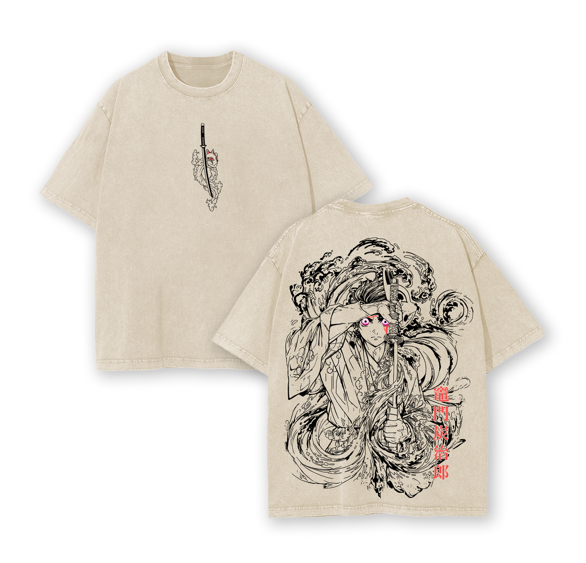 Vintage Tanjiro Kamado Washed T-Shirt, Double Sided Oversized Graphic Tee, Anime Streetwear Inspired By Demon Slayer Hero