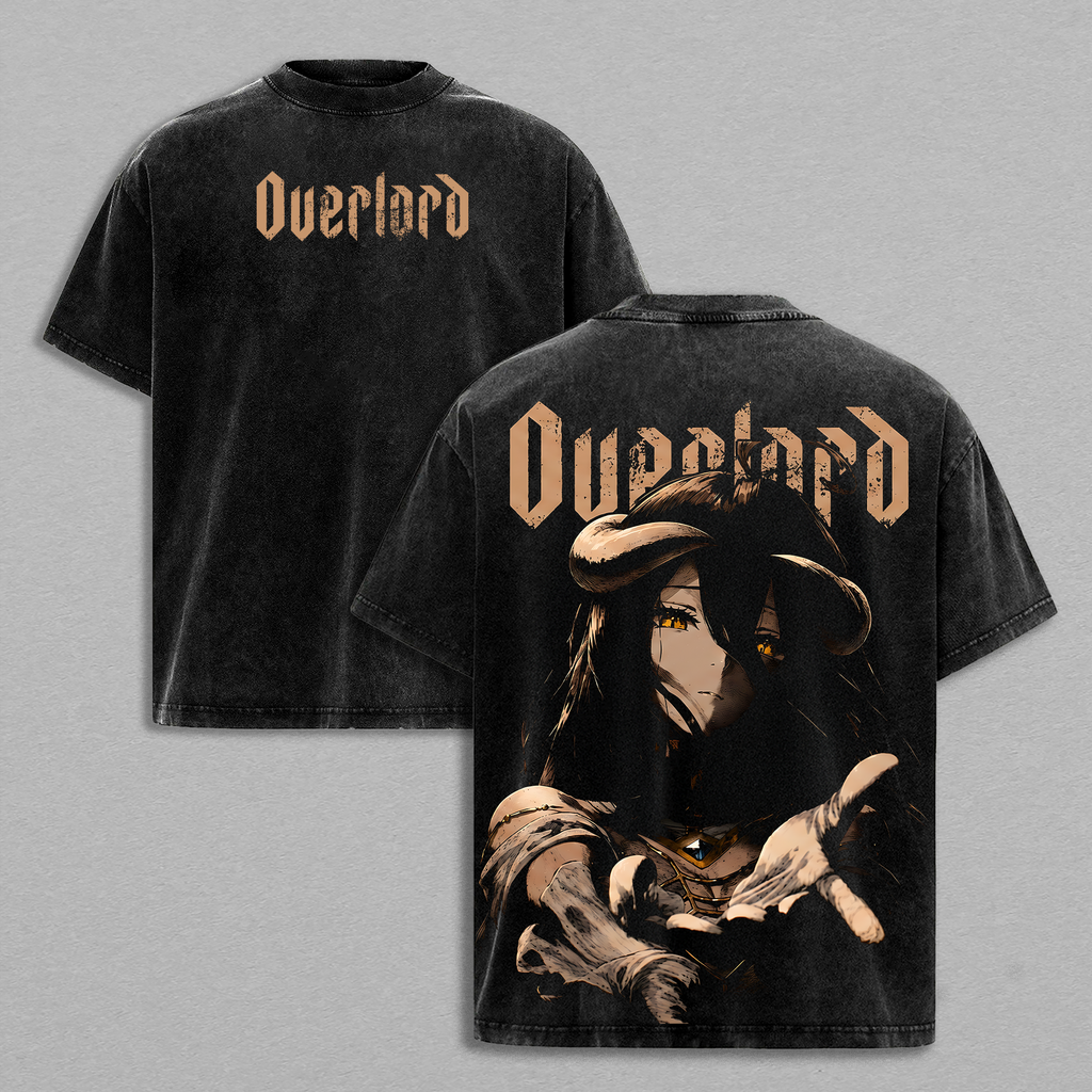 Albedo Overlord Anime Double Printed Vintage Washed Tee Unisex Oversize Anime Manga Washed Heavyweight Cotton T-shirt