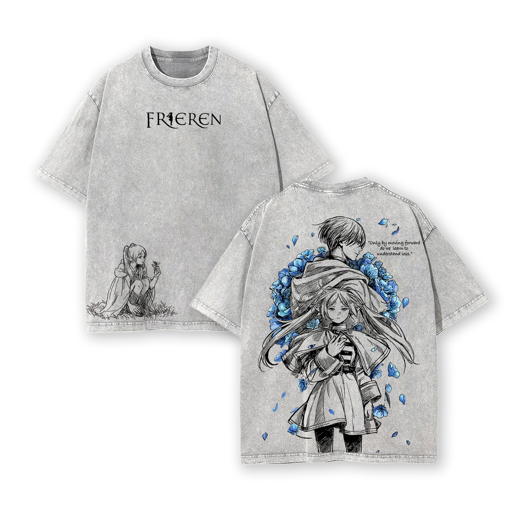 Frieren x Himmel Tee Washed – Frieren: Beyond Journey’s End Vintage Washed Heavy Cotton Oversized Anime Manga T-Shirt