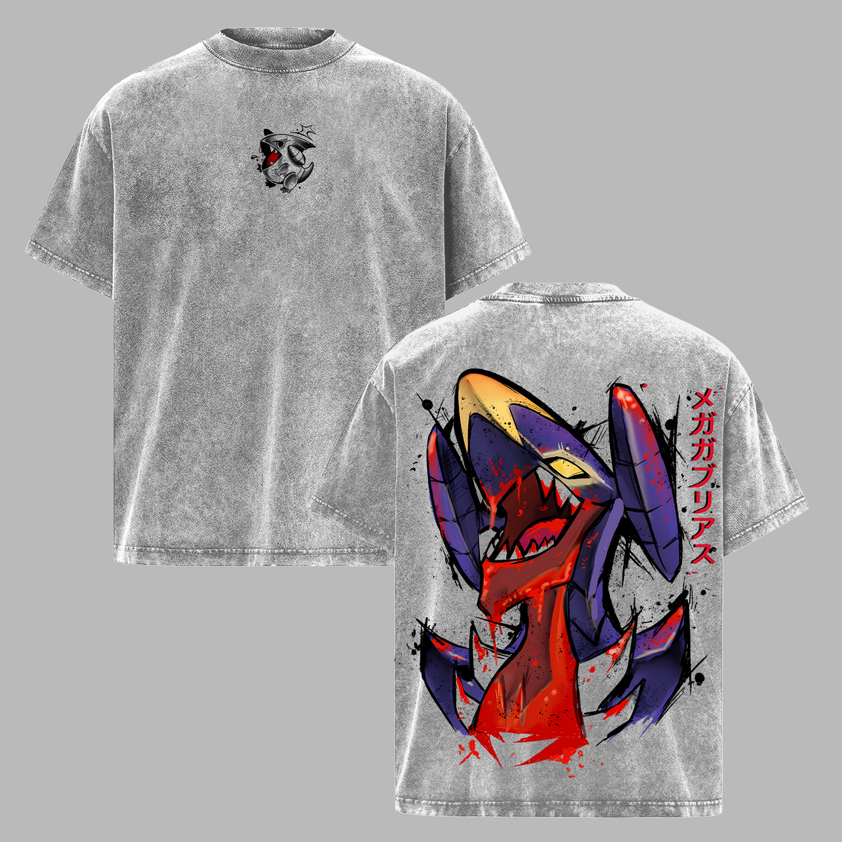 Garchomp Pokemon Anime Double Printed Vintage Washed Tee Unisex Oversize Heavyweight Cotton T-shirt for Anime Fans and Lovers
