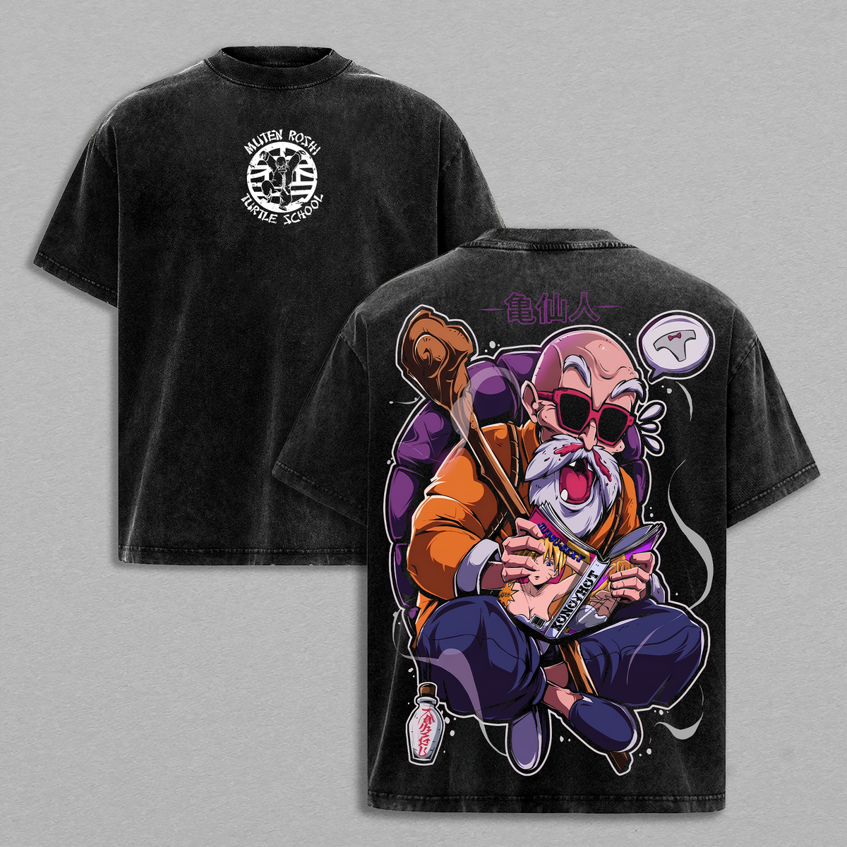 Master Roshi - DBZ Anime T-Shirt Vintage Acid Wash Oversized Graphic Tee Streetwear Turtle School Gift Anime Fans
