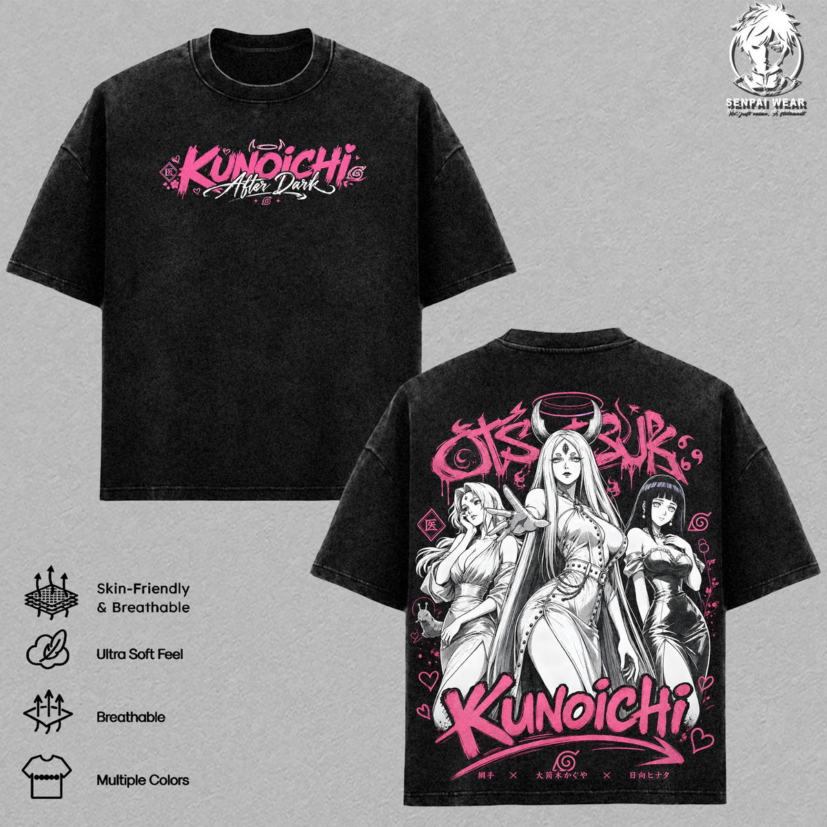 Tsunade Kaguya Hinata Kunoichi Naruto Anime Vintage Washed Tee