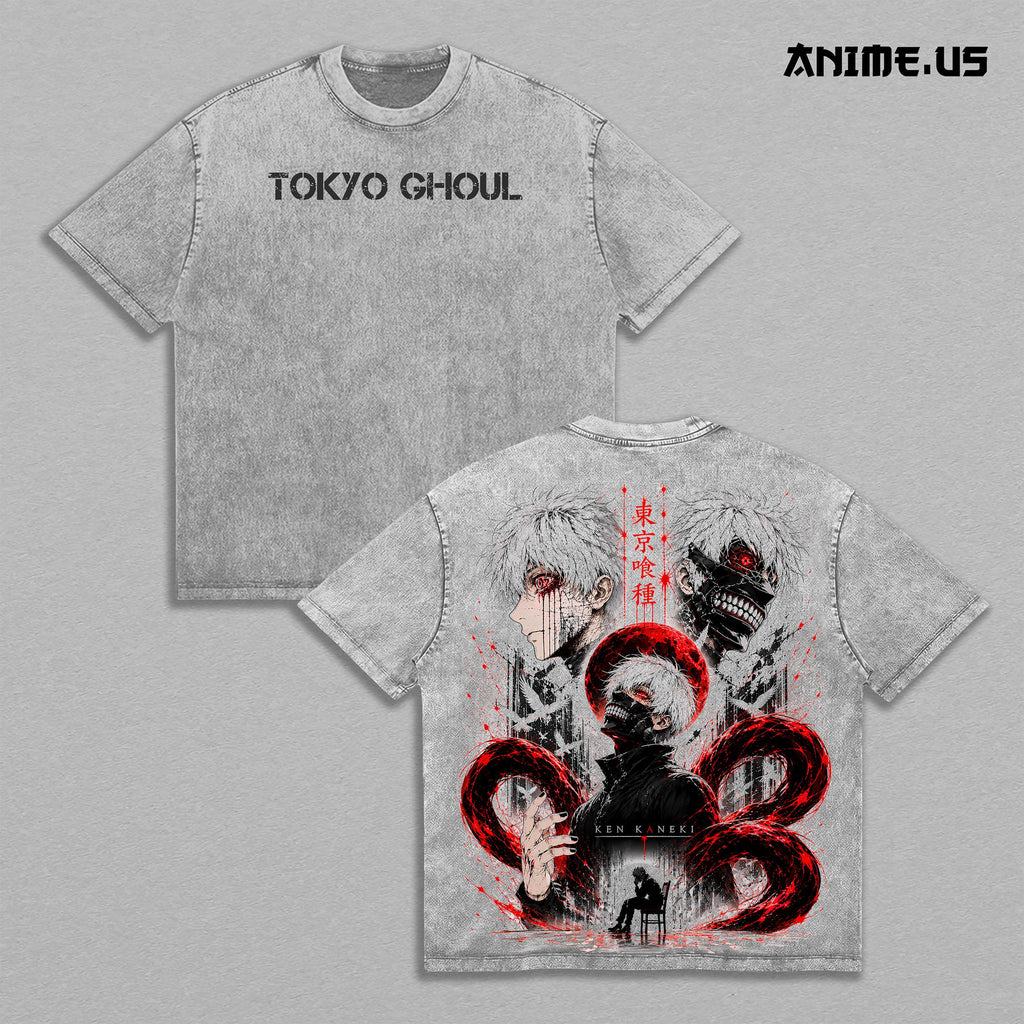 Ken Kaneki Tokyo Ghoul Vintage Washed T-Shirt | Red Eyed Ghoul Anime Graphic Tee | Dark Manga Oversized Streetwear Shirt