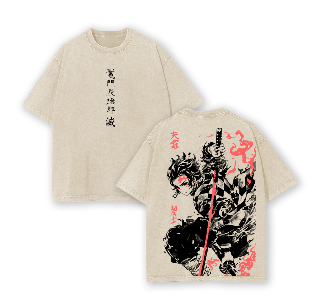 Tanjiro Kamado T-Shirt – Demon Slayer Kimetsu no Yaiba Vintage Washed Oversized Heavy Cotton Anime Manga Tee