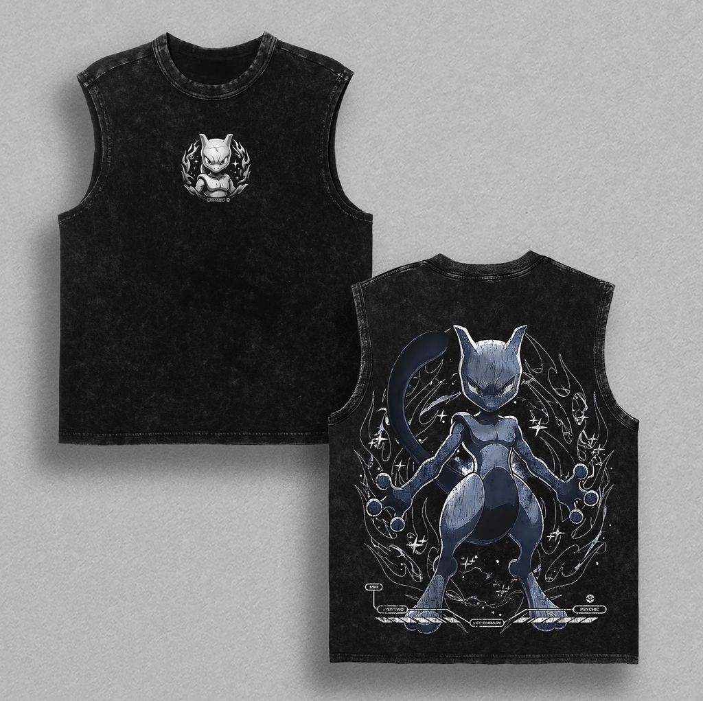 Vintage Mewtwo Acid Washed T-Shirt Unisex Oversized Anime Manga T-Shirt Heavyweight Cotton Tee for Anime Fans